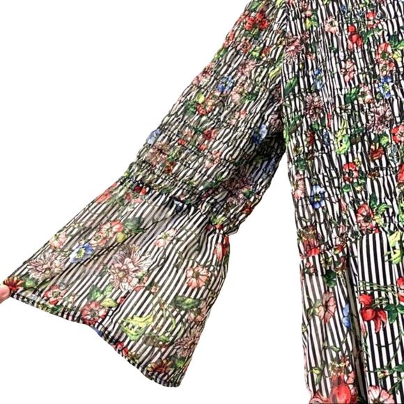 ECI Smocked Sheer Floral Striped Printed Three Quarter Sleeve Maxi Dress Large - Picture 4 of 9